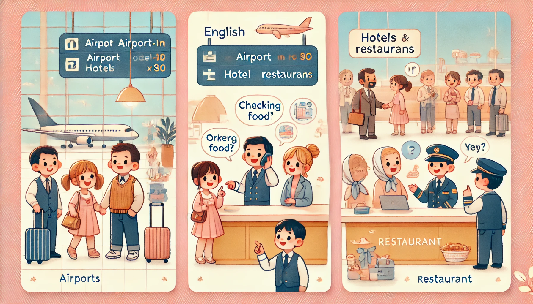 공항, 호텔, 식당에서 대화하는 이미지