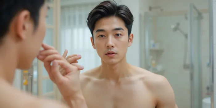 영양제를 복용한 뒤 거울을 보는 남성의 표정