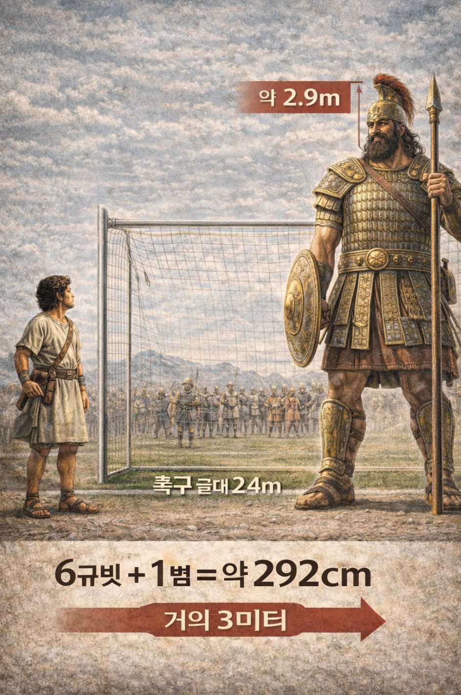 골리앗 키 비교 약 2.9m 성경 6규빗 설명