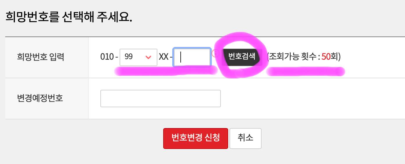희망번호를 입력을 하고 변경 가능한 번호인지 확인을 해줍니다.