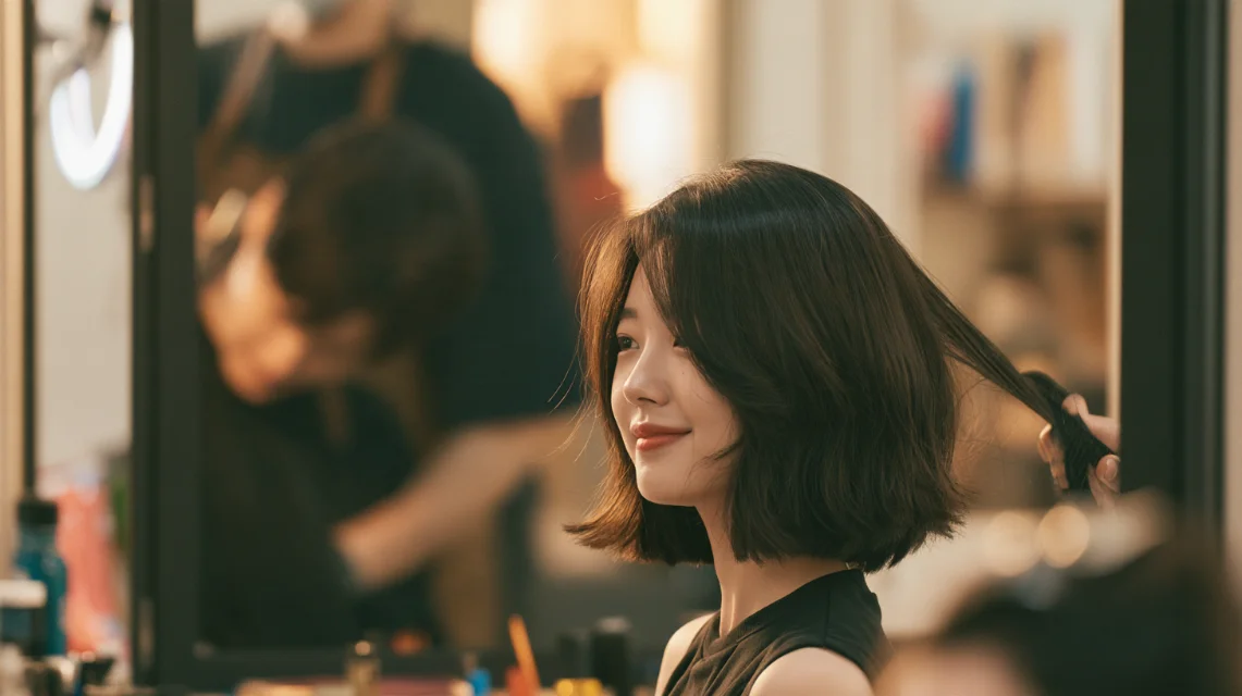 미용실 거울 앞에서 디자이너와 짧게 대화하는 손님