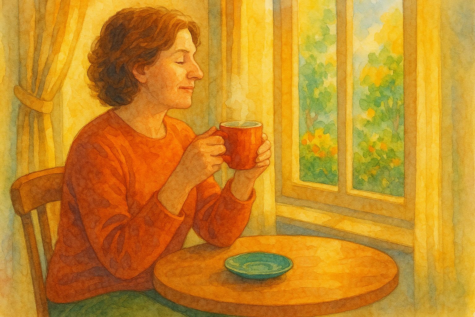 따뜻한 햇살 속 차 한 잔