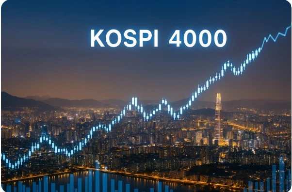 서울 야경 위로 상승하는 코스피 차트가 겹쳐진 장면