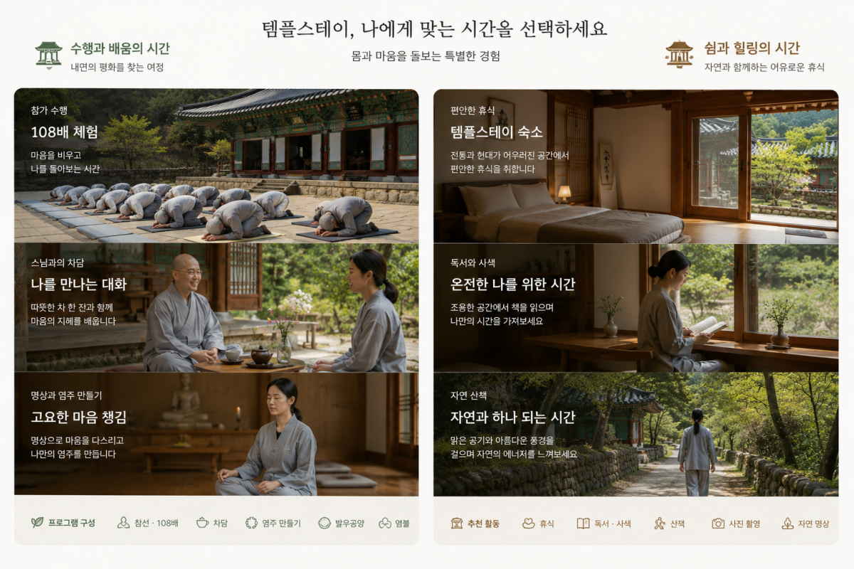 관음사 템플스테이 체험형과 휴식형 프로그램 비교