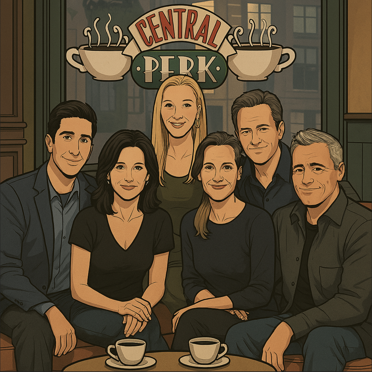 미국 드라마 프렌즈 배우들이 카페에 앉아있는 모습