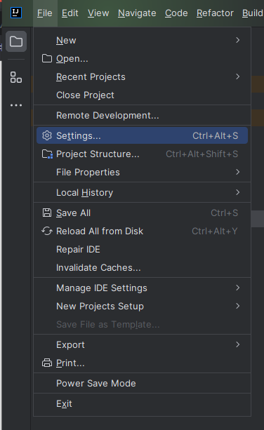Settings...에 진입 : File > Setting...