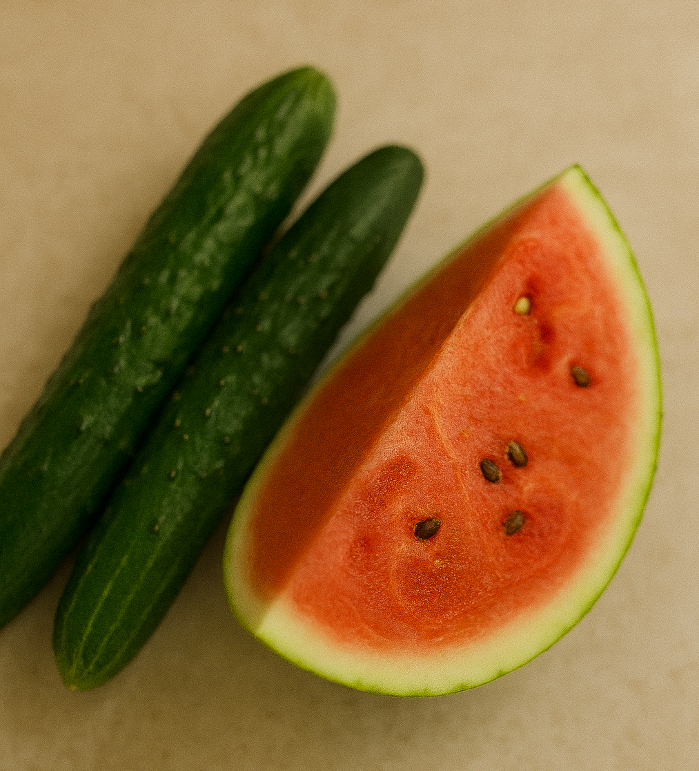 빨간 과육이 보이는 수박 토막 하나와 오이 2개