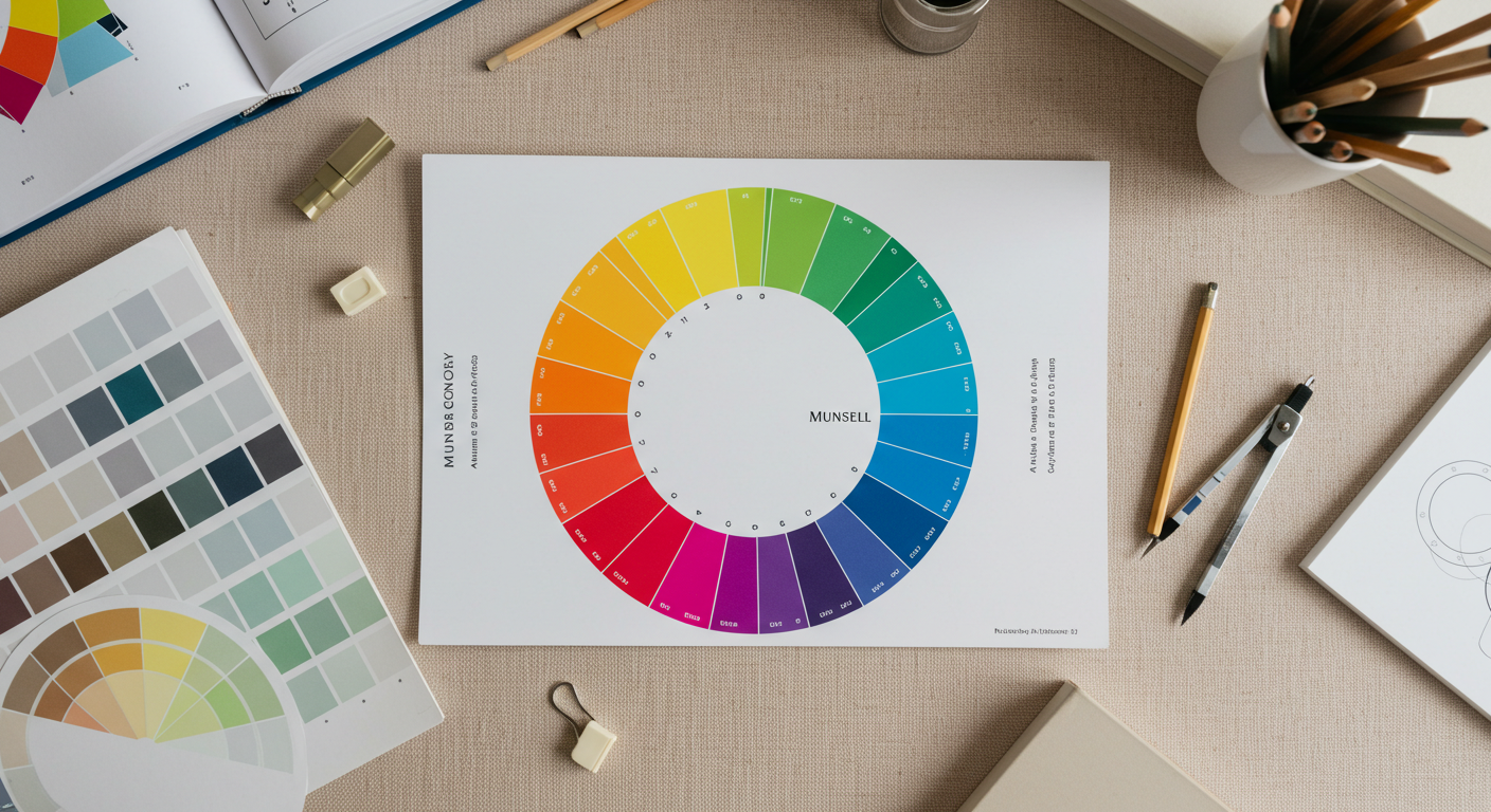 먼셀 색상환과 다양한 컬러칩, 도구들이 놓인 실습 데스크. 색의 상호관계를 이해하기 위한 실제 컬러리스트의 작업 분위기를 보여줍니다.