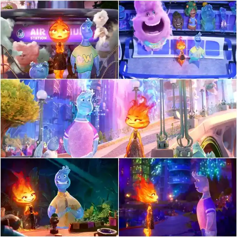 엘리멘탈 시티를 배경으로 엠버와 리플이 등장하는 주요 장면