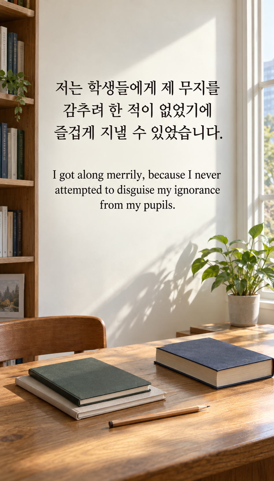 저는 학생들에게 제 무지를 감추려 한 적이 없었기에 즐겁게 지낼 수 있었습니다. &mdash; 햇빛 드는 공부 책상의 공책과 사전, 디지털카메라 사진풍