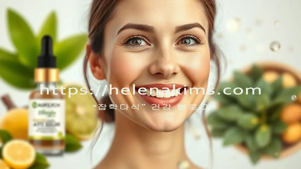 배경은 초록의 화초와 웃는 여성의 모습은 중앙에 위치해 있고 왼쪽 옆에는 화장품 엠플병이 놓여 있는 이미지.