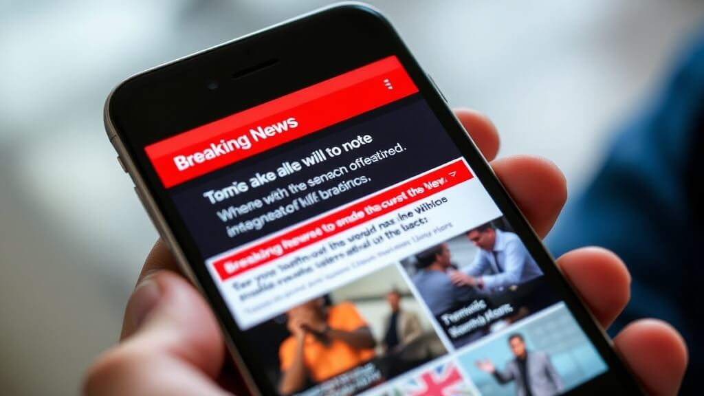 스마트폰 화면에 뜨는 실시간 뉴스 속보와 교통 상황 정보. 중요한 정보를 빠르게 확인하여 상황에 대처하는 현대인의 모습.