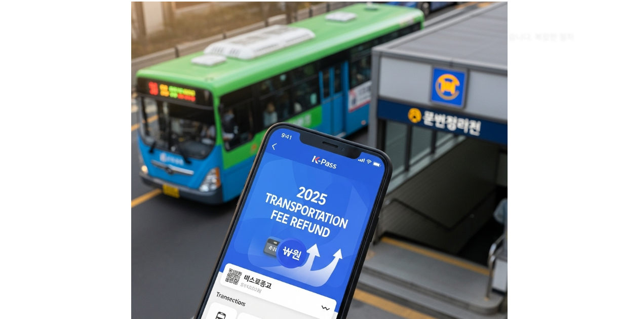 스마트폰 K-패스 앱 화면과 대중교통(버스, 지하철)이 배경으로 보이는 이미지