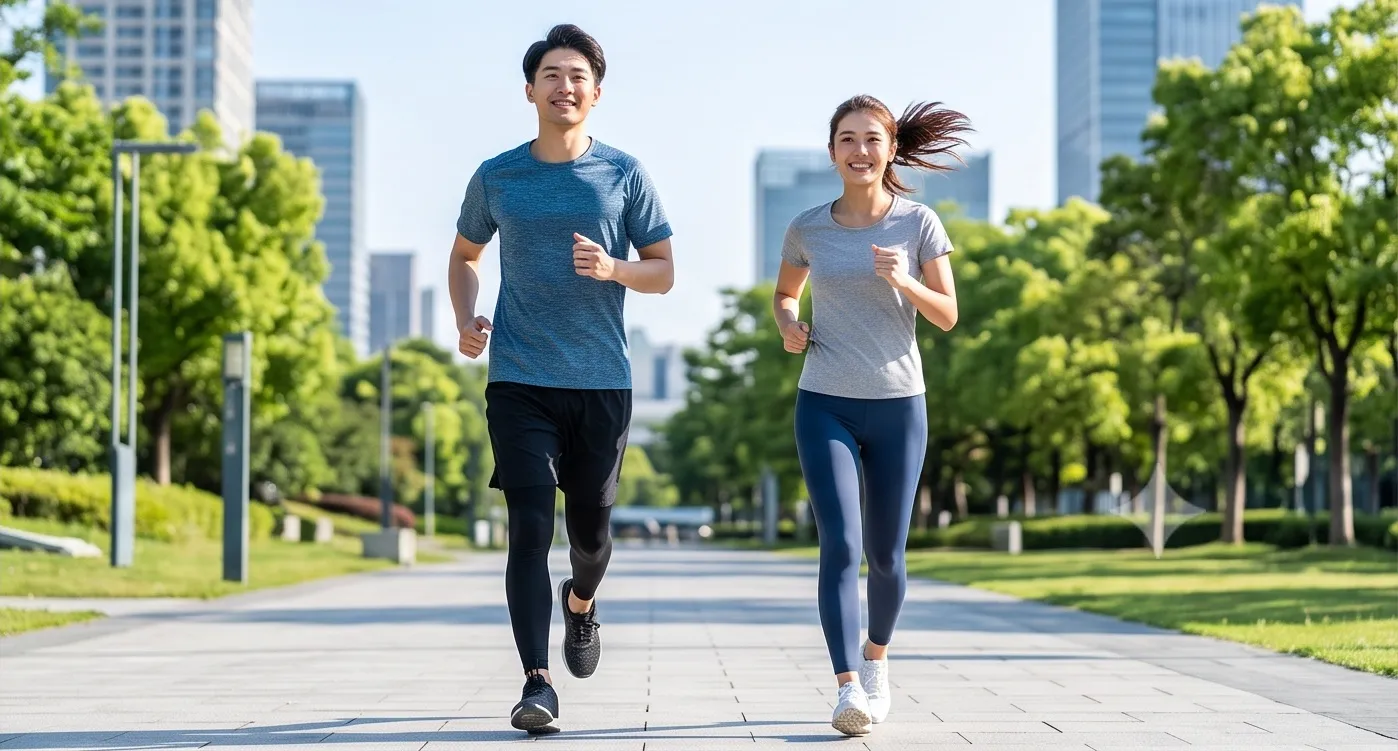 도심 속 푸른 공원 길을 밝은 표정으로 함께 달리고 있는 2030 젊은 남녀 러너