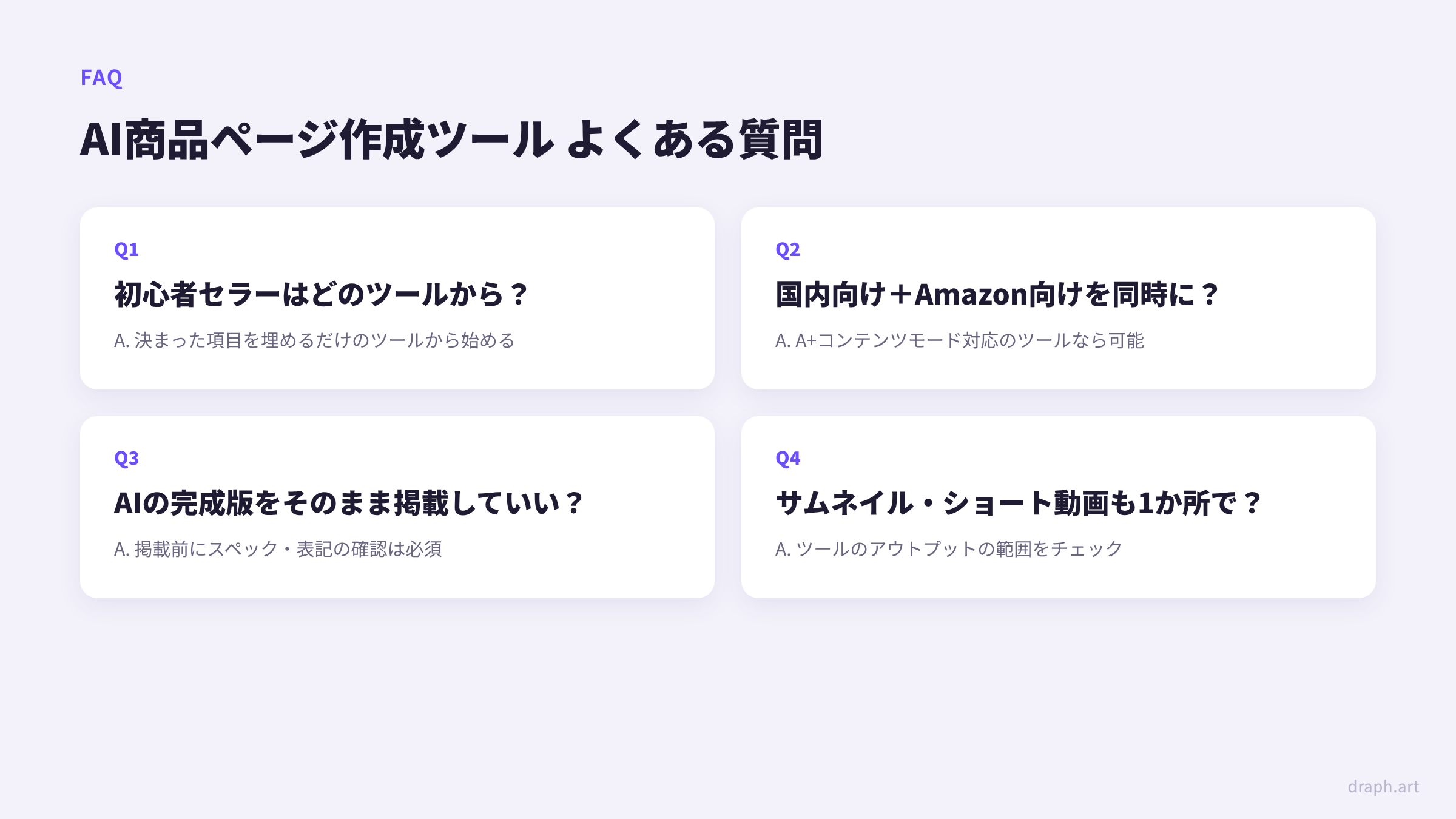 AI商品ページ作成ツールのよくある質問 - 初心者セラーへのおすすめ、Amazon向けの同時作成、そのまま掲載、サムネイル・ショート動画の作成