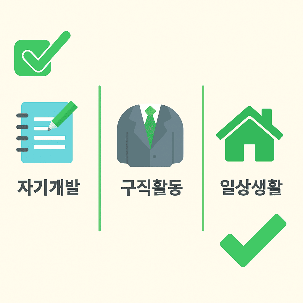 2025 서울시 청년수당 사용 가능 항목 인포그래픽 - 자기개발, 구직활동, 일상생활 분야로 구분