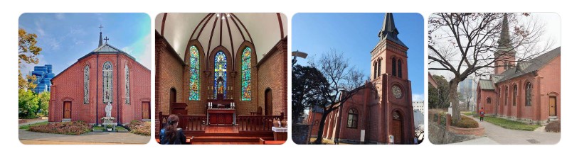 서울 중구 중림동에 위치한 약현성당 외관과 내부 스테인드글라스 모습