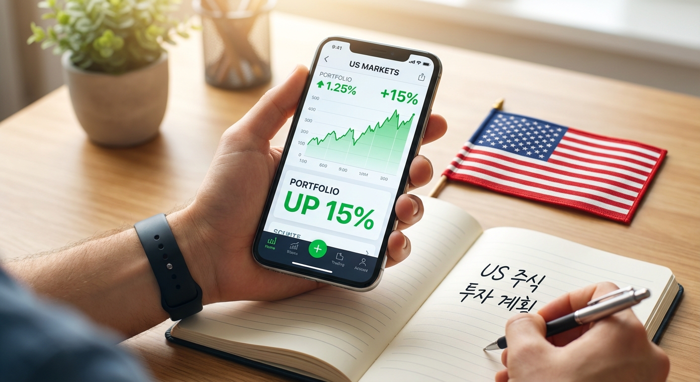 미국 주식 차트가 보이는 스마트폰과 투자 계획을 세우는 손