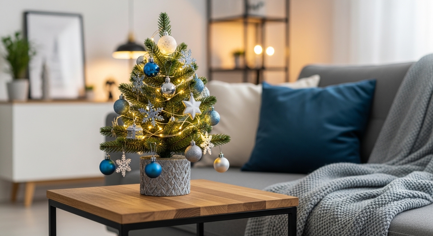 블루-그레이와 실버 오너먼트로 장식된 50cm 미니 트리가 놓인 아늑한 거실 사이드 테이블. 따뜻한 조명이 크리스마스 분위기를 더한다.