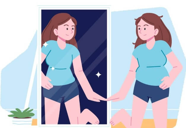 거울 속 모습을 보고 만족해 하는 여성