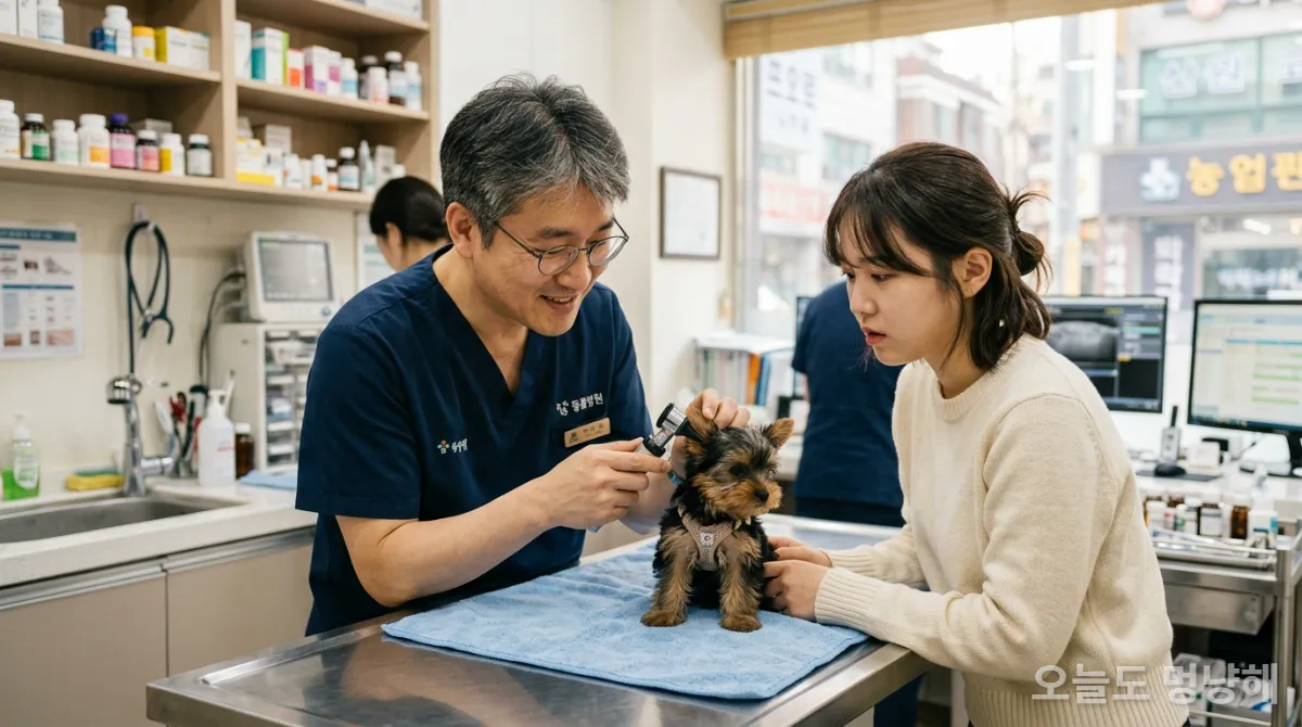 한국인 수의사가 어린 강아지를 부드럽게 진찰하는 모습