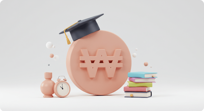 2025년 교육비 지원금 인상을 나타내는 3D 아이콘으로 원화 기호와 졸업모자, 책들이 상승하는 모습을 표현한 이미지