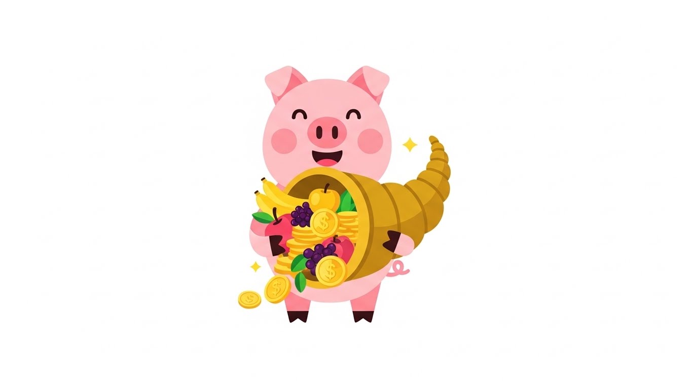 과일과 동전이 넘쳐나는 풍요의 뿔을 들고 행복하게 미소 짓는 돼지 캐릭터 일러스트
