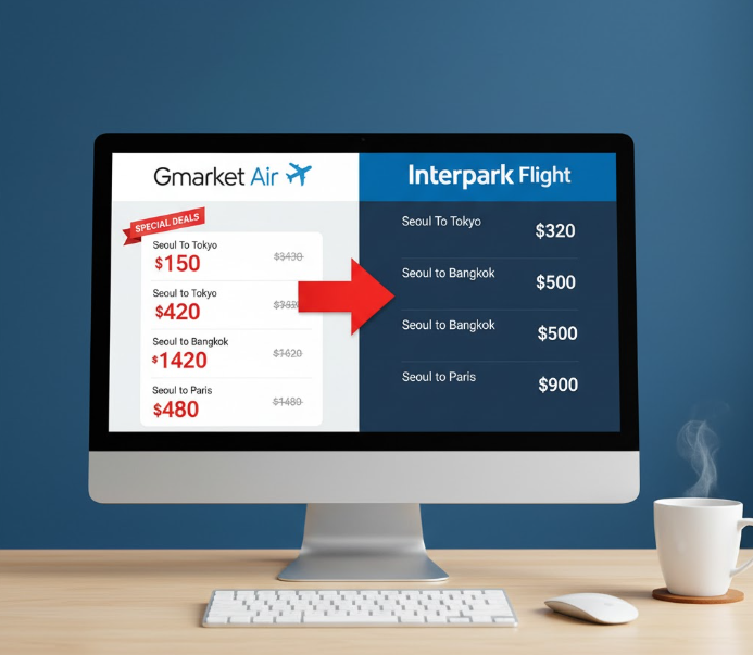 지마켓과 다른 항공권 검색 결과를 비교하는 모습
