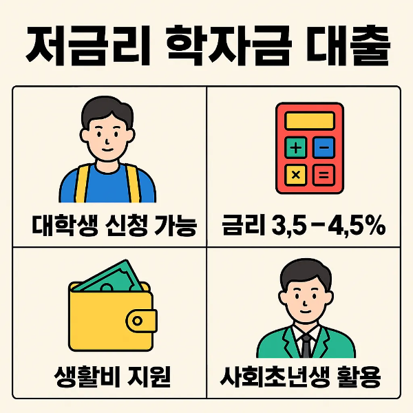 대학생이 신청할 수 있는 저금리 학자금 대출 상품으로 금리 3.5~4.5% 수준에서 생활비 지원을 받을 수 있고 사회초년생이 활용 가능한 상환 방법을 보여주는 인포그래픽