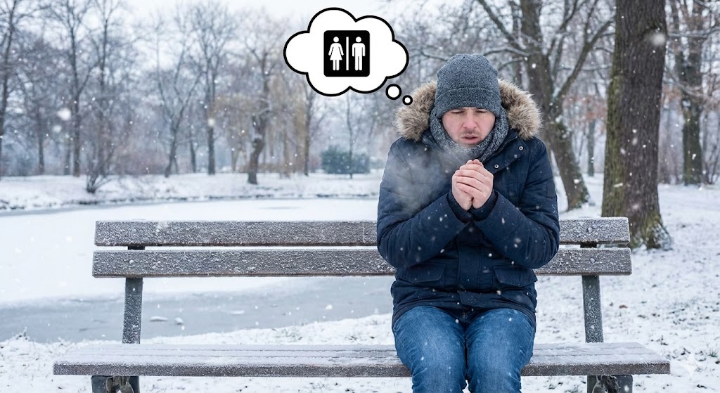 추운-겨울-공원-벤치에-앉아-몸을-웅크리고-손을-호호-불며-추위를-느끼는-남성의-모습.-머리-위에는-화장실-아이콘이-그려진-말풍선이-떠-있어-추위로-인한-빈뇨-현상을-시각적으로-표현한-이미지