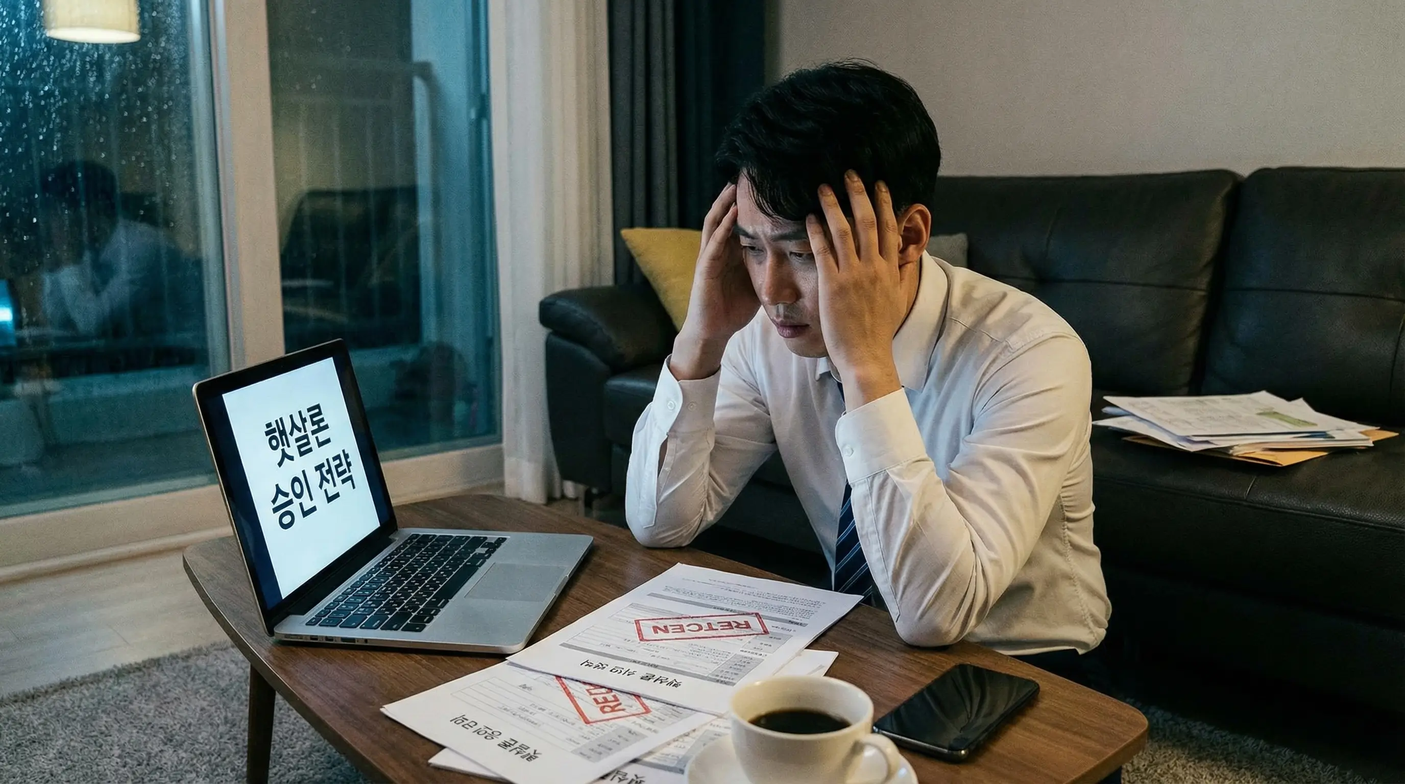 이직 후 재직 기간 부족으로 대출이 거절되어 고민하는 직장인이 햇살론 승인 전략을 찾는 모습