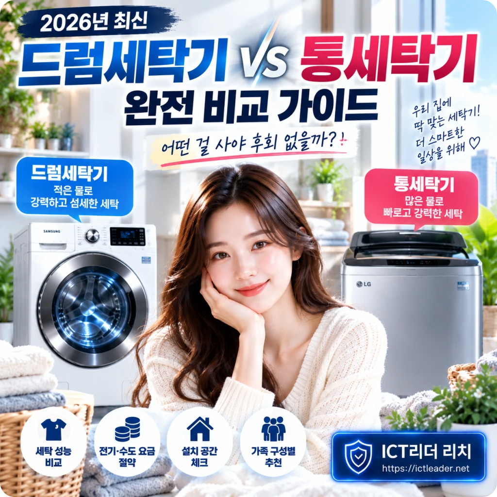 드럼세탁기 vs 통세탁기 2026년 완전 비교 가이드 어떤 걸 사야 후회 없을까 대표 썸네일