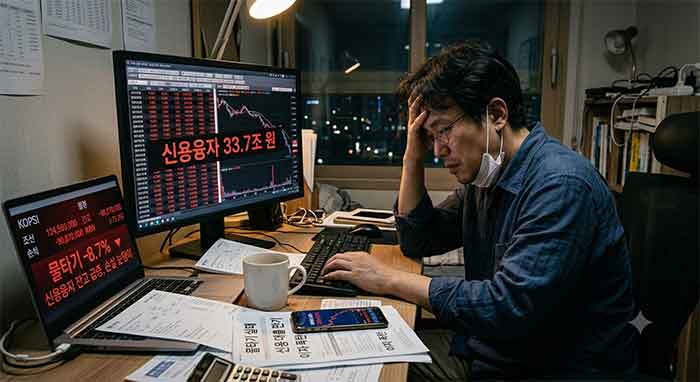 주식 폭락 화면을 보며 고뇌하는 개인 투자자의 모습.