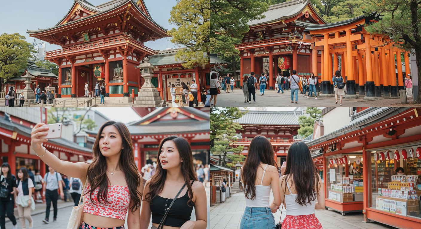 일본 여행을 즐기고 있는 한국 여자들.