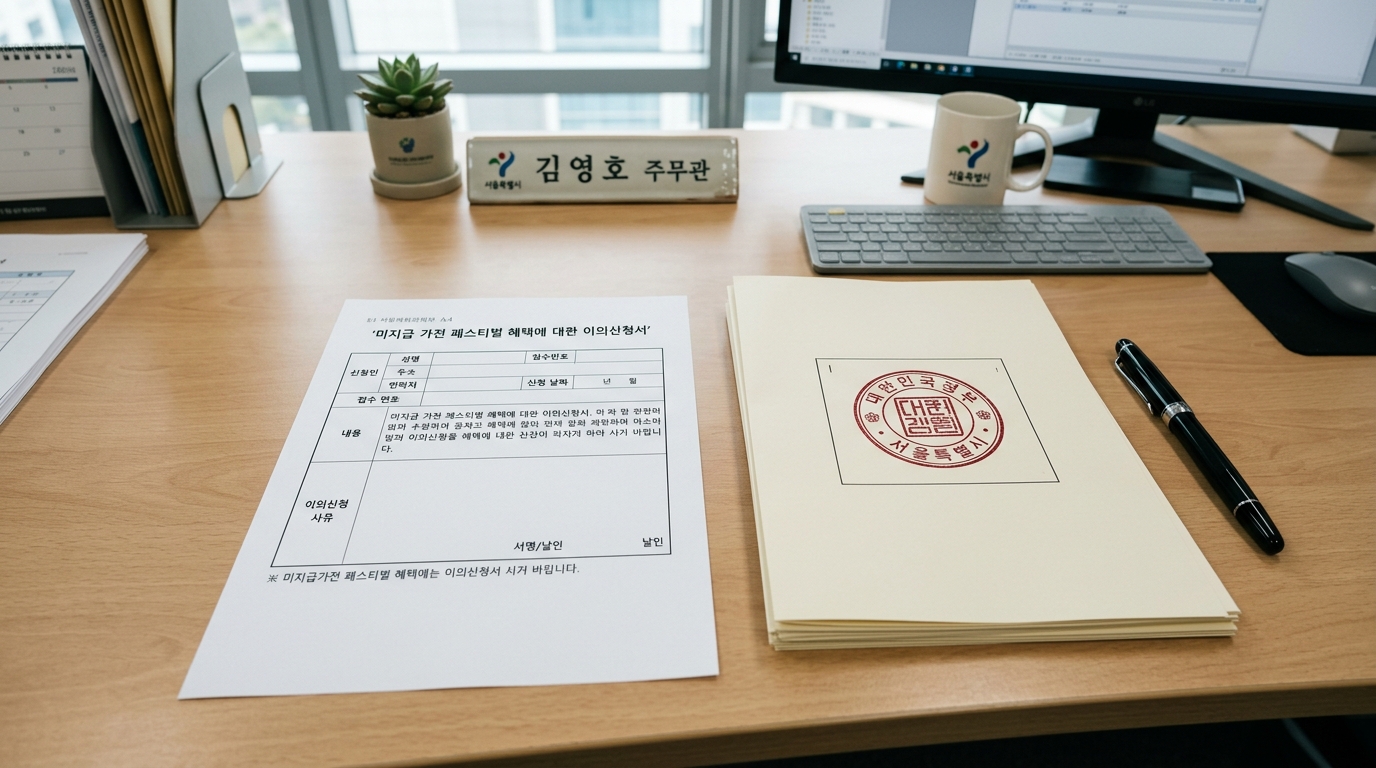 깔끔한 관공서 민원실 책상 위에 놓인 가전 감사 페스티벌 미지급 이의신청 소명서 서식 양식과 정식 행정 도장 사본