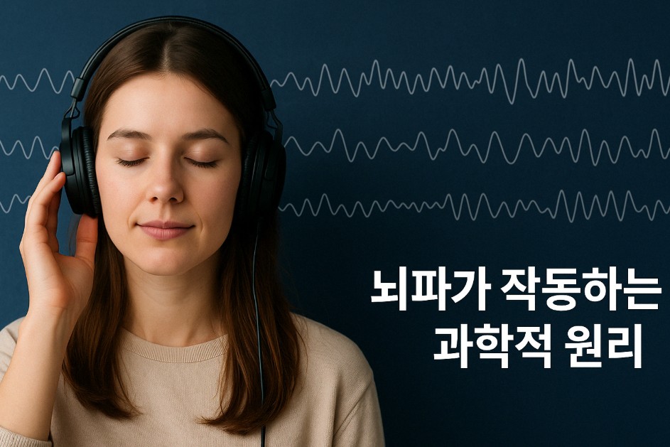 한 여성이 헤드폰을 착용하고 편안한 자세로 brainwave 사운드를 듣는 모습을 보여준다. 오른쪽에는 다양한 주파수를 나타내는 뇌파 그래프가 시각적으로 표현되어 있으며, 중앙에는 "뇌파가 작동하는 과학적 원리"라는 문구가 강조되어 있다. 배경은 심플하면서도 현대적인 분위기로 구성되어 뇌파의 과학적 신비로움을 시각적으로 전달한다.