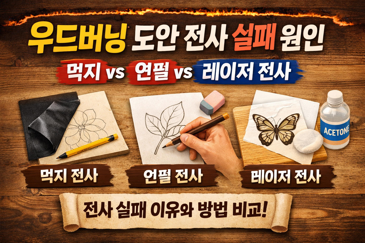 우드버닝 도안 전사 실패 원인 정리-먹지&middot;연필&middot;레이저 전사 비교