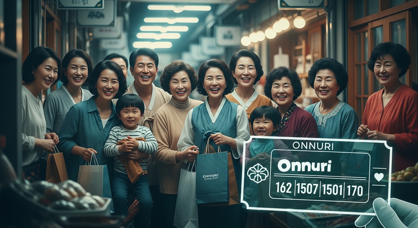 전통시장에서 즐겁게 쇼핑하는 사람들 사이로 디지털 온누리상품권이 보이는 모습