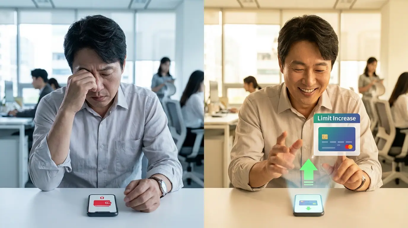 텅 빈 카드 잔액을 보고 걱정하다가 추가 지원금 소식을 듣고 기뻐하는 직장인의 모습