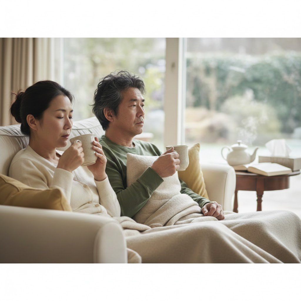 따뜻한 차 한 잔을 마시며 휴식을 취하고 있지만, 안색이 좋지 않은 중년 남녀의 모습