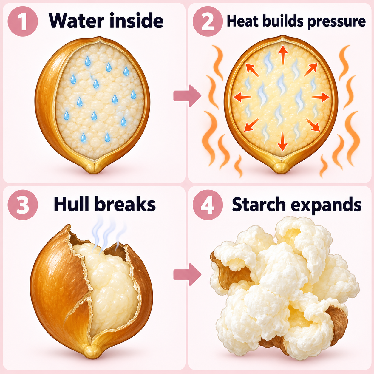 A simplified illustration of the changes inside a popcorn kernel.