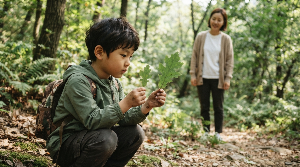 숲 체험에서 서로 다른 나뭇잎을 비교하며 차이를 발견하는 초등 저학년 아이