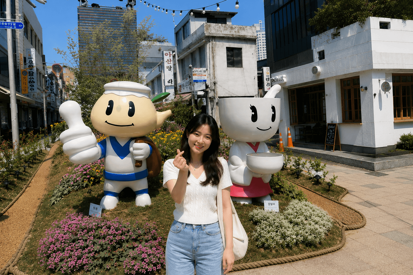 대구 중구 약령시 약전골목, 엄지척 하는 주전자 캐릭터 도웅이와 사발을 든 캐릭터 강녕이 조형물, 주변에 분홍&middot;노란 꽃밭과 약령시 간판이 보이는 대구 약령시 마스코트 포토존 전경