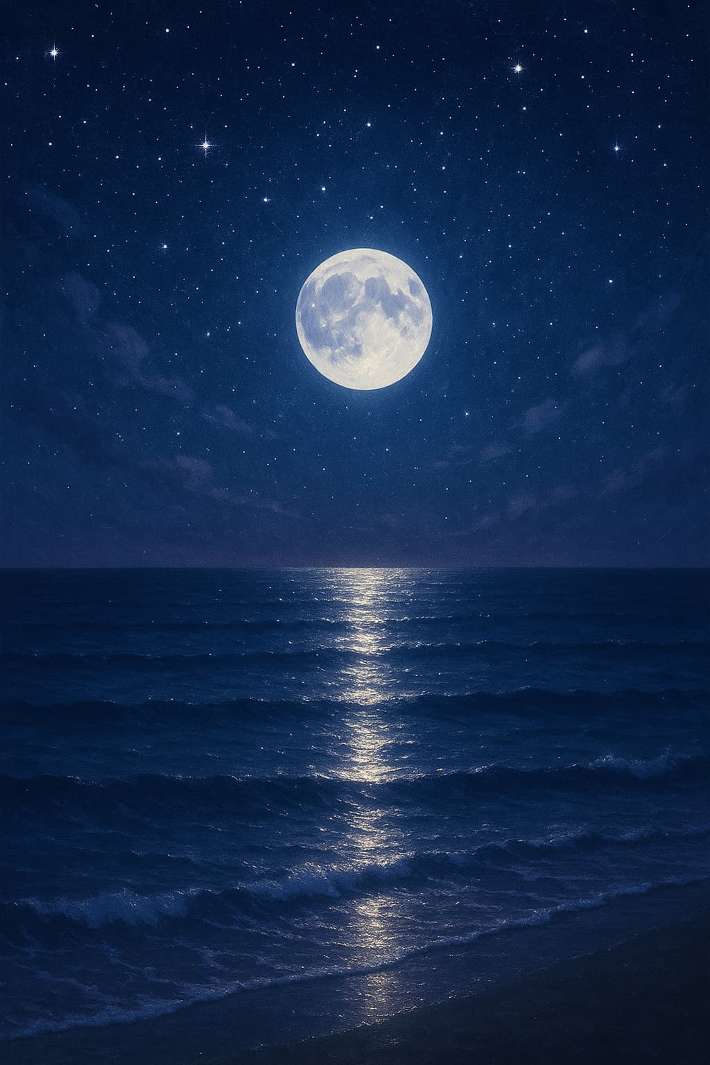 "새벽 바다 위 달빛이 길처럼 비추는 몽환적인 풍경, 그리운 편지를 달빛에 띄우는 듯한 감성적인 장면"