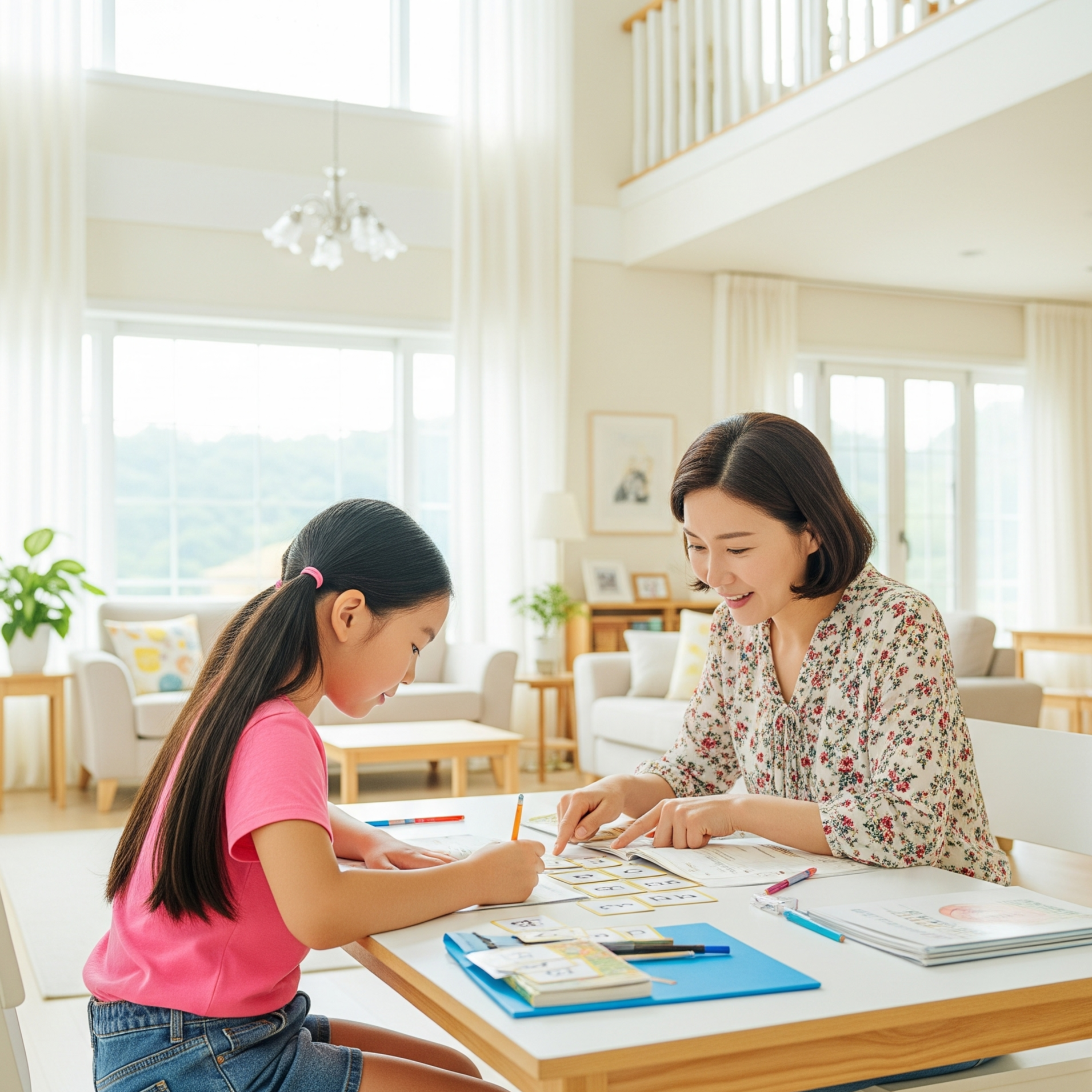 엄마와 함께 영어 단어를 공부 중인 초등학교 여자아이