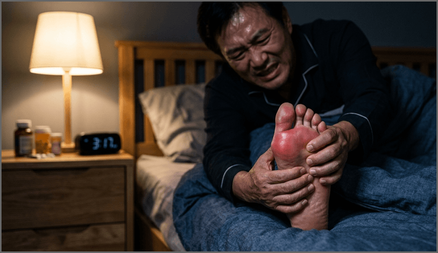 새벽에 엄지발가락 통증을 호소하는 남성