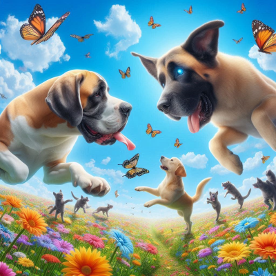 "꽃밭에서 뛰어노는 강아지들이 주변에 나비와 함께 있는 장면입니다."