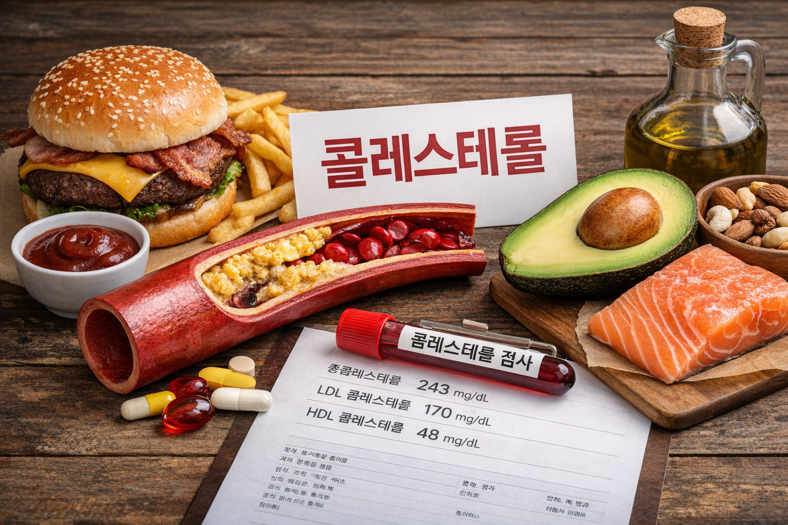 갱년기 이후 콜레스테롤 변화와 LDL HDL 차이를 보여주는 건강검진 이미지와 식단 비교