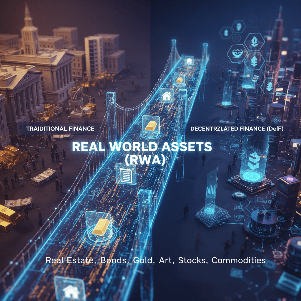 전통 금융과 탈중앙화 금융을 실물 자산(RWA)이 연결하는 개념도. 부동산, 금 등 RWA의 종류