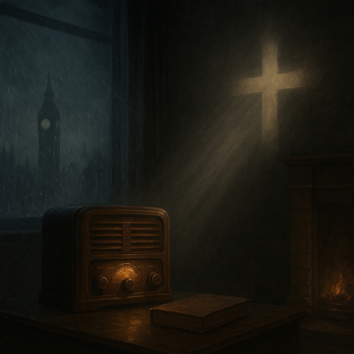 어두운 방 안, 오래된 라디오와 책이 탁자 위에 놓여 있고, 벽에는 창문을 통해 들어온 빛이 십자가 형태로 비추고 있다. 창밖으로는 빅벤이 비 오는 밤에 희미하게 보인다.